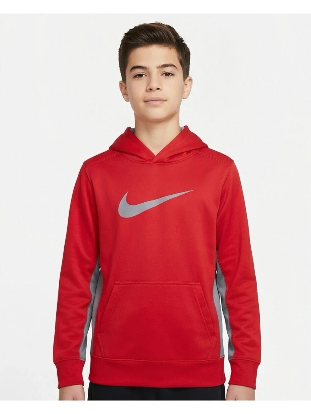 Nike Therma Fit Hoodie Youth XL Red Gray Pullover Swoosh Athletic